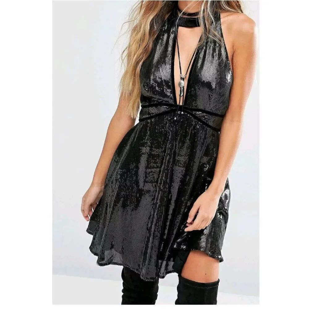 Free People Womens Black Film Noir Sequin Deep V Sleeveless Mini Dress, NWOT, s